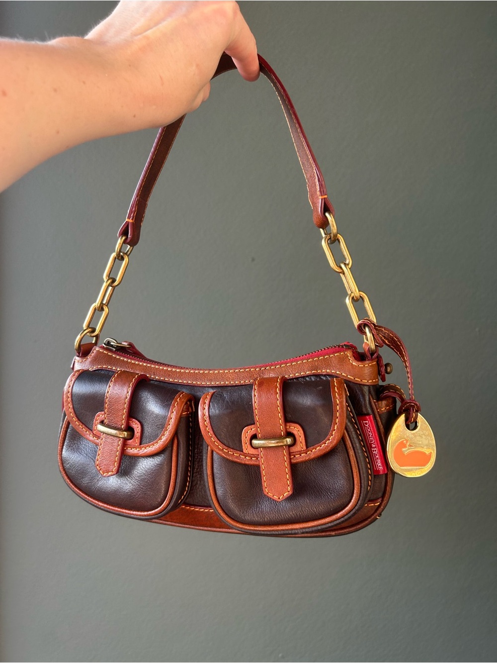 Vintage Dooney & Bourke Brown and Tan Leather Double-Pocket Mini Shoulder Bag